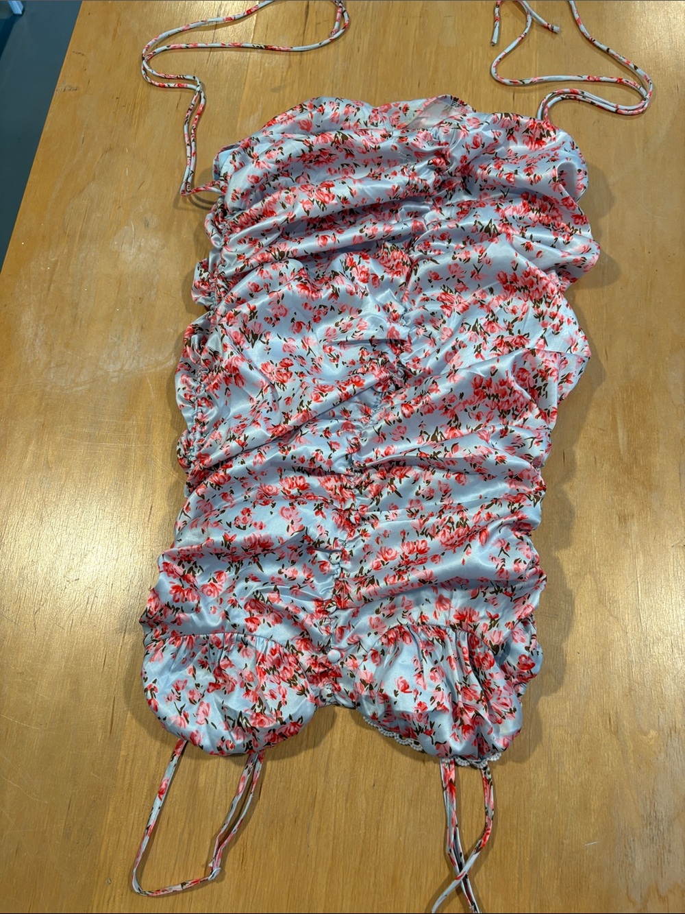 O. VIANCA ~ Ruched Mini Satin Dress Light Blue Coral Pink Floral Print